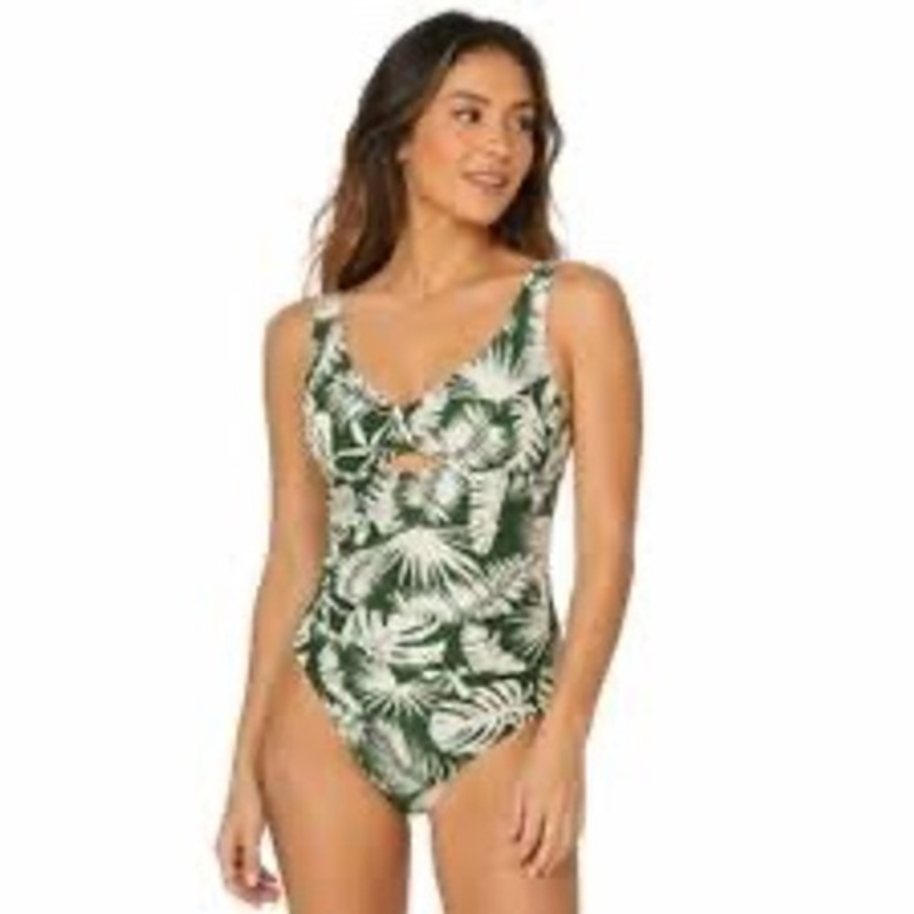 Shade & Shore Women XS Tropical Palm Leaf One Piece Swimsuit Green White Cutout